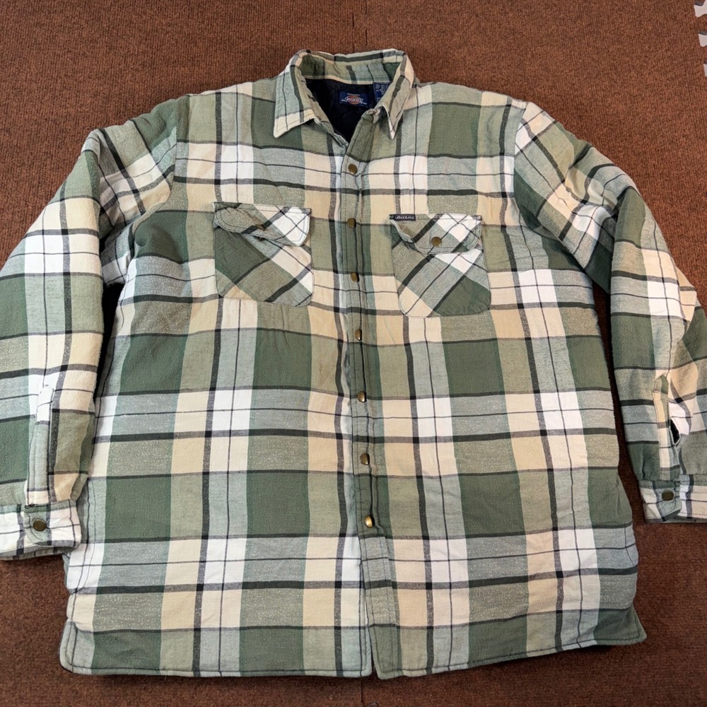 Dickies Mens 2XLT Quilted Lined Flannel Shirt Jacket Green Plaid Tall Workwear